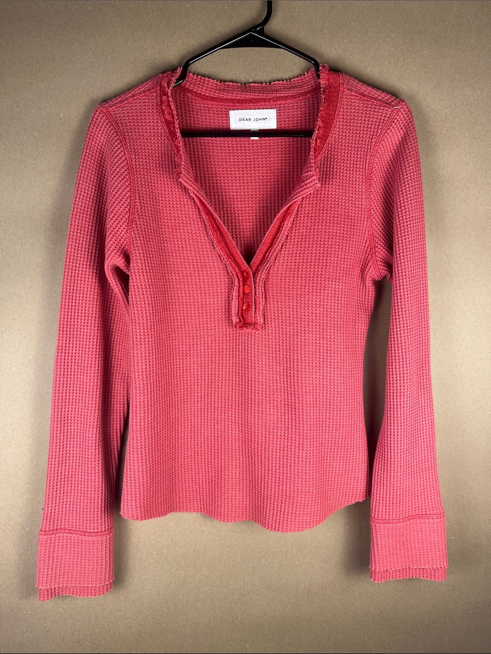 Dear John Waffle Knit Henley Top S Coral Raw Edge Long Sleeve Boho